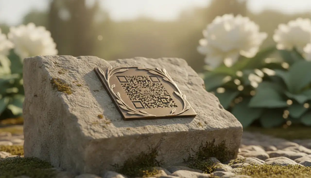 Bronze QR memorial plaque among white flowers in a peaceful garden