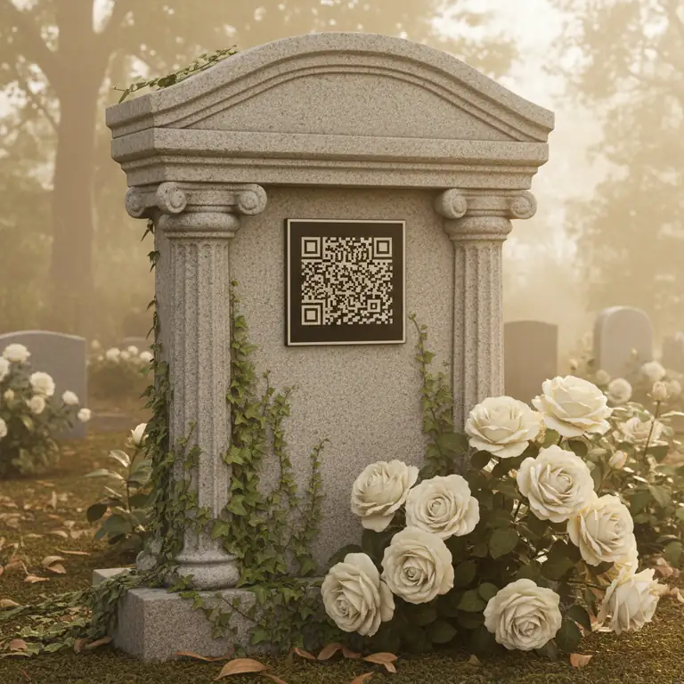 QR memorial plaque on a flower-covered headstone in a peaceful cemetery