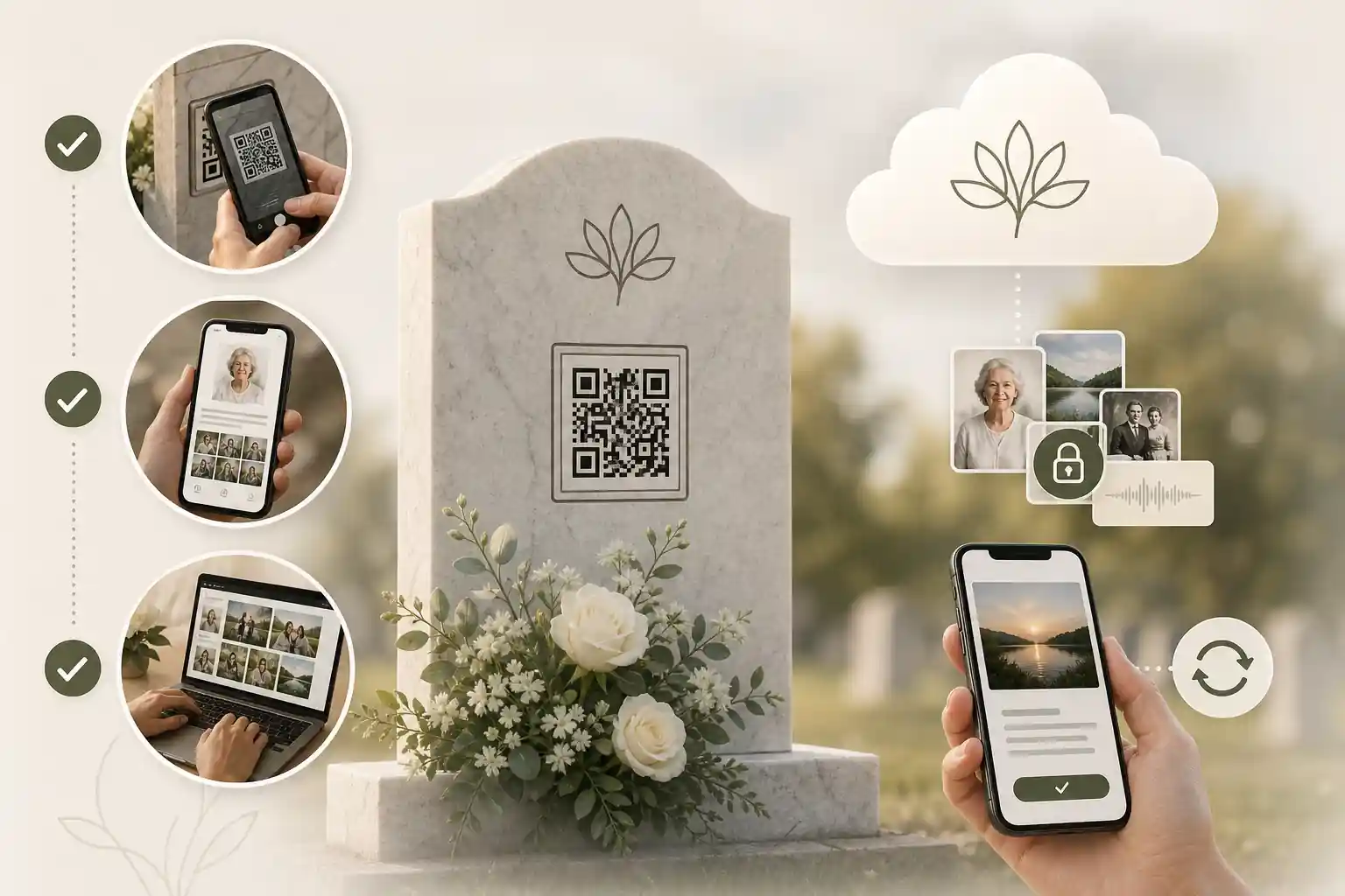 Family creating a tribute with Evaheld Memorials for how do QR codes on gravestones work