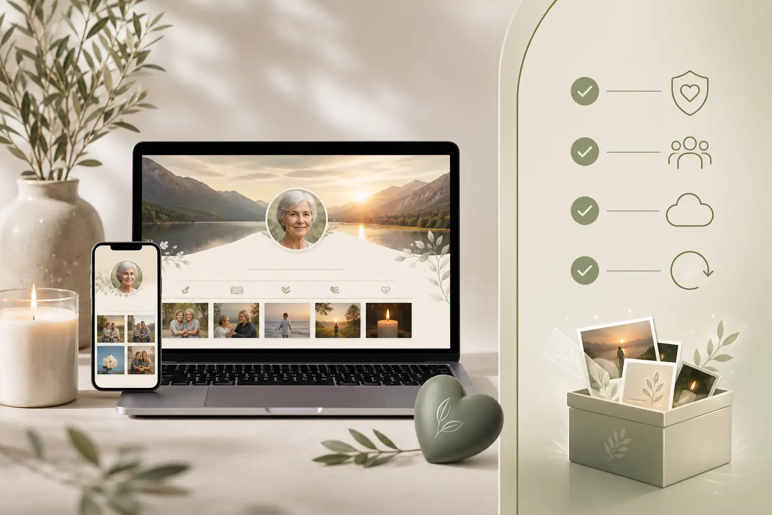 Family creating a tribute with Evaheld Memorials for what are the best ad-free online memorial platforms