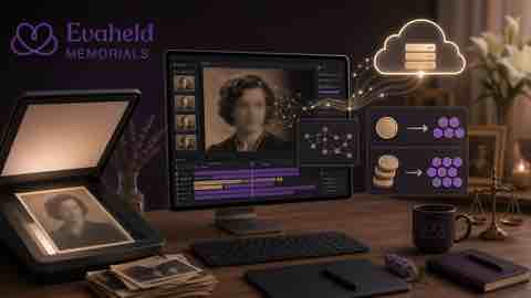 Evaheld memorial photo animation budget showing restoration, animation, review and export stages