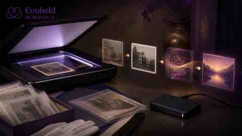 Evaheld archive preserving an original portrait, AI-assisted memorial animation and family approval notes