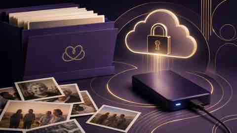 Evaheld digital tribute archive with organised photographs, backup drive and protected cloud storage