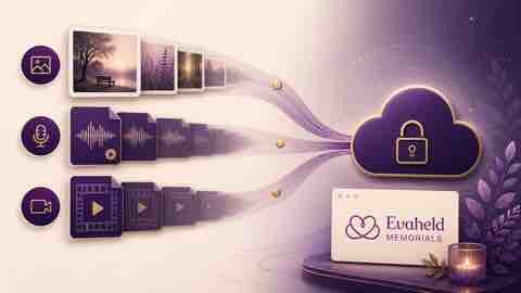 Evaheld visual showing photo, audio and video file types moving into secure digital tribute storage