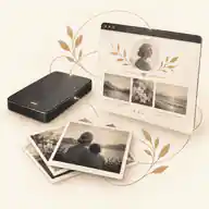 Memorial backup drive beside printed photos and a digital tribute