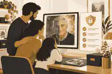 ai memorialization platforms: Family reviewing an AI-restored memorial portrait with privacy notes
