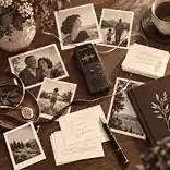an interactive life narrative: Family photos and prompt cards arranged beside an audio recorder