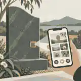Phone opening a QR-linked memorial beside a headstone
