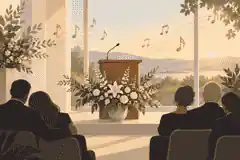 Non-religious memorial ceremony with music and flowers