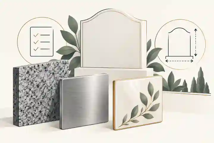 Outdoor plaque material samples beside a granite memorial