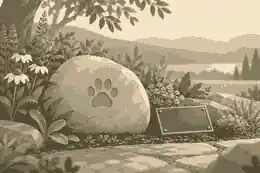 Garden pet stone beside flowers and a small plaque