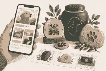 Phone opening a QR-linked pet memorial beside memory cards