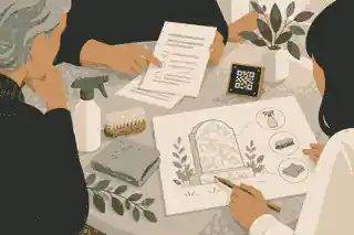 Family reviewing cemetery notes and a QR plaque sample