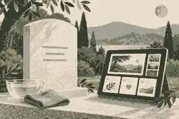 Short headstone inscription beside a digital memorial