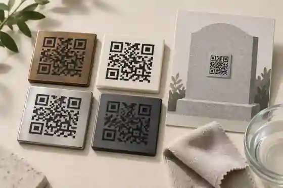 Outdoor QR plaque material samples beside a headstone proof