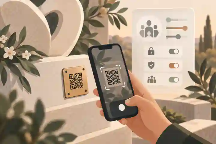 Phone scanning a discreet QR plaque with privacy settings