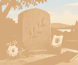 Sandstone memorial with phone, flowers and family notes