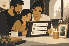 create a collaborative online memorial board: Family reviewing memorial guestbook messages on a tablet