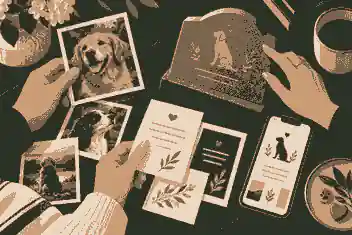 Family reviewing dog memorial wording and photos