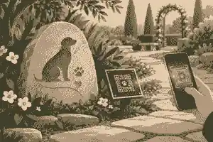 QR plaque beside a dog memorial stone