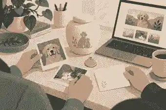Family arranging pet photos and keepsakes