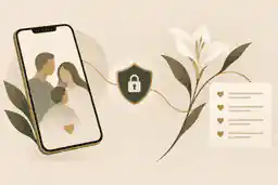 Memorial donation flow with phone, payment symbol and flower