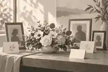 Memory table with flowers and remembrance cards