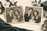 funeral photo restoration services: Original funeral portrait beside a careful restoration copy