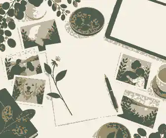 Family photographs arranged around a poem draft