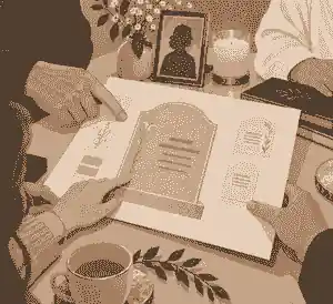 Family reviewing memorial inscription notes together