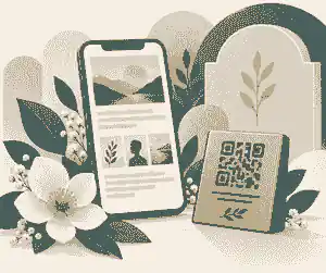 Phone memorial page beside a small QR plaque