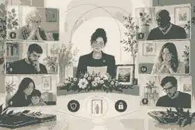 Remote relatives joining a private hybrid memorial from different homes