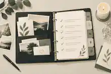 Organised memorial planning folder with photos and notes