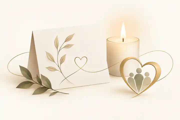 how do charitable tribute funds work: Memorial donation card beside candle and charity symbol
