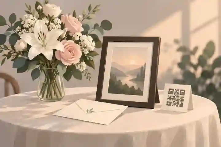 Memorial table with flowers donation envelope and photograph