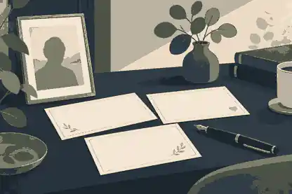 how do guided prompts help write a memorial tribute: Prompt cards beside a framed memorial photograph