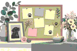 Stylised pet memory board with photos and paw prints