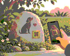 Garden pet stone with a small QR tribute plaque