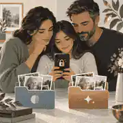 Family reviewing private AI-enhanced memorial photos on a phone