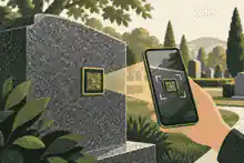 Approved QR plaque placement sketch beside a headstone