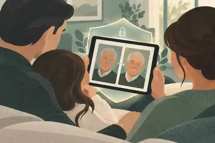 Family privately reviewing an AI-assisted memorial portrait