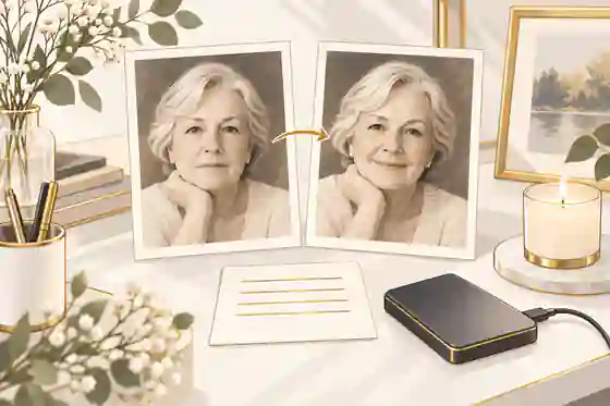 Memorial workspace with disclosure note and backed-up photo files