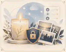 Private memorial controls beside a candle and photo stack