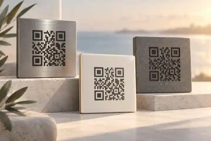 QR memorial plaque material swatches in restrained finishes