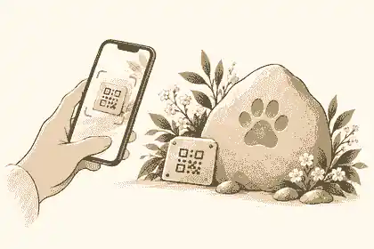 Phone scanning a QR plaque beside a pet memorial stone