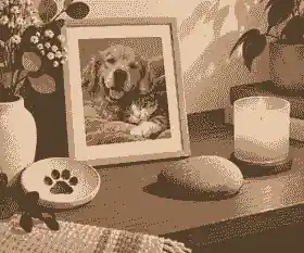 Pet memory table with photo, paw print, candle and stone