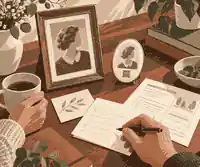 Family reviewing portrait wording and QR plaque notes