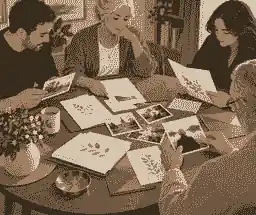 Family sorting photos and funeral task notes
