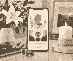 Phone showing memorial service details beside flowers