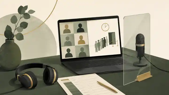Virtual funeral host setup with microphone, laptop and privacy controls